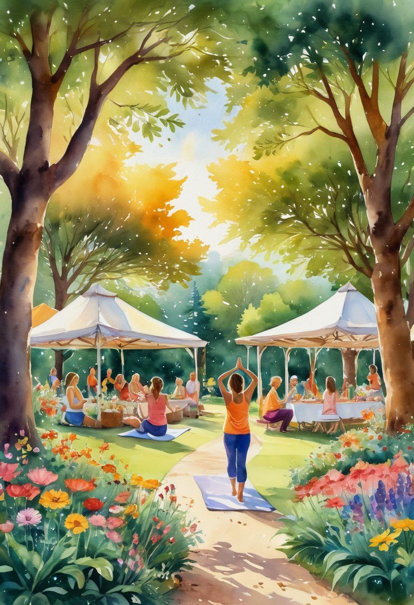 A lush green garden filled with diverse people engaging in healthy activities like yoga and meditation, surrounded by vibrant flowers and trees. In the background, a radiant sun is rising, symbolizing hope and positivity. Incorporate elements of community, like a picnic area with laughter and joy among friends. Add colorful banners that read 'Wellness' and 'Joy'. watercolor painting. bright colors.