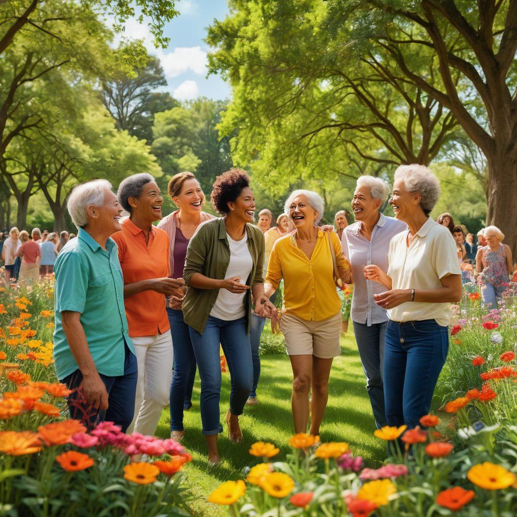 A diverse group of joyful individuals of varying ages and backgrounds, gathered together in a lush, green park, engaging in supportive activities such as group discussions, laughter, and sharing ideas, surrounded by colorful flowers and trees, radiating positivity and warmth. The scene captures a sense of community and encouragement, showcasing bright, cheerful expressions and supportive gestures. vibrant colors. super-realistic. natural light.